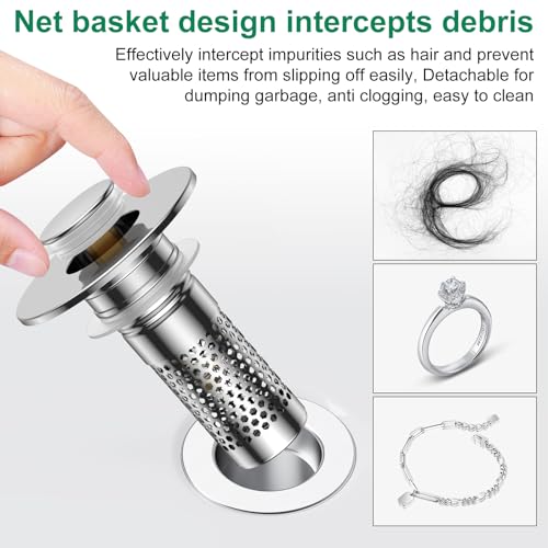 Bathroom Sink Drain Strainer,Universal Pop-Up Sink Stopper Hair Catcher, Stainless Steel Anti-Clog Drain Filter Basket, Removable Sink Drain for Bathroom Sink Stopper Replacement (Silver-4pcs) - color: Silver-4pcs
