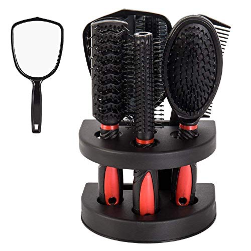 Set of 5 Hair Combs Set Professional Salon Hair Cutting Brushes Sets Salon Hairdressing Styling Tool Mirror And Holder Stand Set Dressing Comb Kits for - color: Red