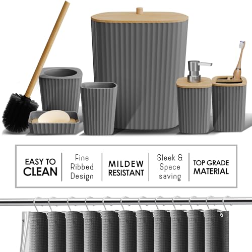 Clara Clark Bathroom Accessories Set - 27PC Bathroom Set with Adhesive Corner Shower Caddy Hanging, Bathroom Sets with Shower Curtain and Rugs, Grey Shower Curtain Set with Bathroom Trash Can - color: Grey, size: Complete Set + Bath Rug + Shower Caddy