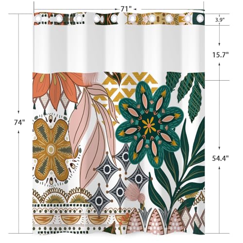 No Hook Boho Shower Curtain and Liner Set 71 x 74 Inch | Colorful Botanical Flower Print, Waterproof Fabric Bath Curtain with Breathable Mesh Top Window for Farmhouse Bathroom, Hotel - color: Green and Pink