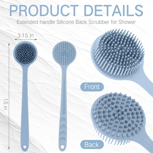 Sunnyray 2 Pack Silicone Back Scrubber for Shower with 15" Long Handle Double-Sided Bath Body Brush for Exfoliating Easy to Clean Quick Dry Deep Cleaning Lathers Well(Gray Blue) - color: Gray Blue