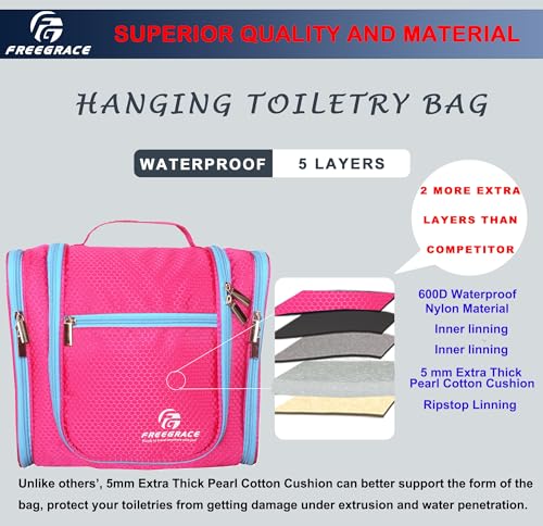 Freegrace Extra Large Hanging Toiletry Bag for Men and Women - Water-Resistant Nylon Travel Bathroom Organizer for Cosmetics, Makeup, and Toiletries - color: Sexy Pink