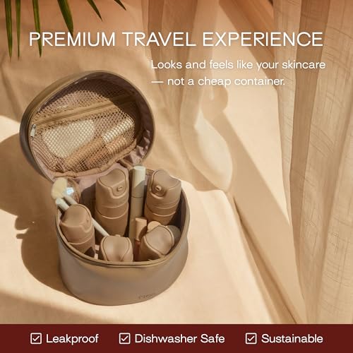 RIES Essential Refillable Toiletry Travel Bottles Airless Pump Set | TSA Approved, Leak Proof Airless Pump, BPA Free Recycled Plastic, 5 Piece Sand Color Set, Dishwasher Safe - color: Sand