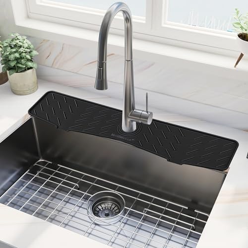 Faucet Mat for Kitchen Sink – 24” x 5.1” Extra-Long Silicone Splash Guard with 10° Slope & Upgraded Drainage – Gen 3 Sink Water Catcher & Sponge Holder for Kitchen, Bathroom (Black) - color: Black, size: 24 in