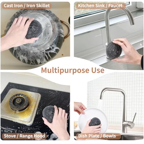 6PCS Steel Wool Scrubber Wire Sponge Set, Barbecue Grill Cleaning Scrubber Pads, Stainless Steel Scrubber Replacement for Scouring Messes from Cast Iron, Pots, Pans, Grill, Stoves, Sink (6 Pads) - size: 6 Pads