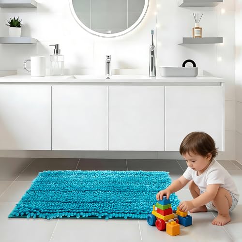Civkor Turquoise Bathroom Rugs, Bathroom Rugs Set with Non Slip Backing, Luxury Shiny Chenille Teal Bath Mats Rug Machine Washable and Quick Dry, 31x20 and 24x16 Inch - color: Turquoise, size: 1'8" x 2'7" (Rectangular)