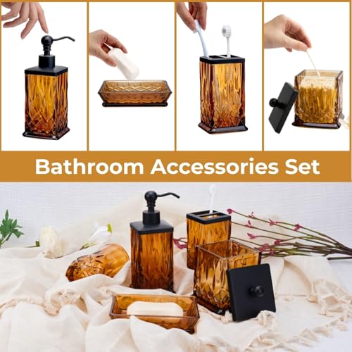 Amber Bathroom Accessories, Thick Etched Glass & Zinc Alloy Pump | Square Design, Beautiful & Weight, 5 Pcs Soap Dispenser, Toothbrush Holder, Soap Dish, Tumbler & Jar, for Mission/Amish Style - style: Square(Amber)