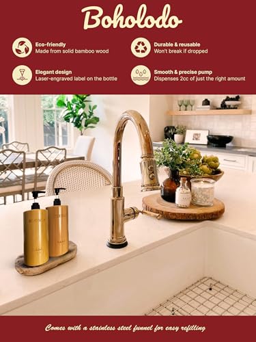 Natural Wood Soap Dispenser 6.9oz with Laser Engraved Bamboo Labels & 3.3" Steel Funnel | Hand Soap Dispenser for Kitchen & Bathroom Sink | Farmhouse & Boho Kitchen Decor, Spa Accessories (Dish Soap) - color: Dish Soap