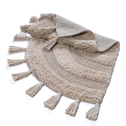 Cotton Half Circle Boho Bathroom Rug with Antiskid 22"x36" Beige – 100% Cotton Scalloped Bath Mat, Anti Skid, Soft & Absorbent Bathroom Rug for Shower, Tub & Entryway - color: Beige, size: 22"x36" - Half Circle