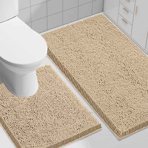 Smiry Bathroom Rugs Set 2 Piece, Soft Absorbent Chenille Bath Mat and U-Shaped Toilet Rug Set, Non Slip Shaggy Bath Carpet for Tub, Shower and Floor (30x20+24x20, Beige) - color: Beige, size: 30"x20"+ U Shape 24"x20"