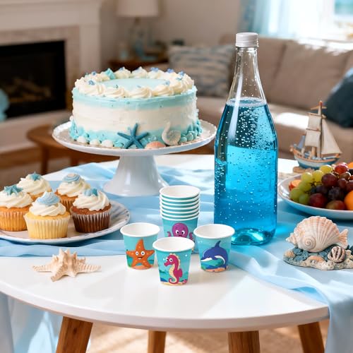 WRAPAHOLIC 3oz Paper Cups - 100 Pack Disposable Bathroom Cups with Seahorse, Dolphin, Starfish and Octopus Design, Small Mouthwash Cup for Toothbrush Rinse, Home Bathroom, Picnic, BBQ and Beach Party - color: Deep Blue Fish 4 Design