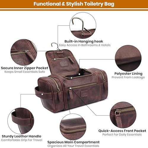 LEATHER VILLAGE Genuine Leather Travel Dopp Kit for Men & Women – Water-Resistant Large-Capacity Hanging Toiletry Bag for Travel, Grooming, Bathroom Organization, Shaving Essentials & Gym Use - Cherry - color: Cherry