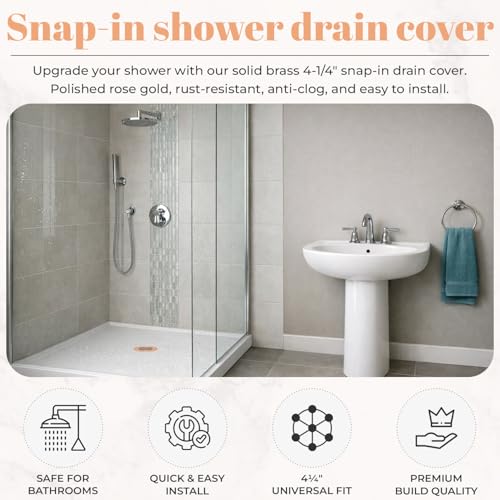 4 ¼” Rose Gold Snap-in Shower Drain Cover - Replacement - 4.25" OD Polished Strainer - Easy Install - Premium Round Shower Drain Cover - Solid Brass Construction - color: Rose Gold