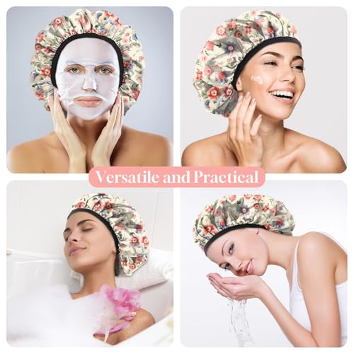 Luxury Shower Cap Terry Cloth Lined EVA Waterproof Reusable Triple Layer Elastic Hair Bath Caps for Women Girls Cute (C12-Pink Blue Floral) - color: C12-Pink Blue Floral