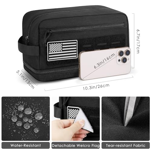Tactical Toiletry Bag for Men, Travel Hygiene Bag with Double-layer, Large Capacity Hanging Toiletry Bags Water-Resistant Shaving Dopp Kit with EDC Molle Pouches, Bathroom Shower Makeup Bag, Black