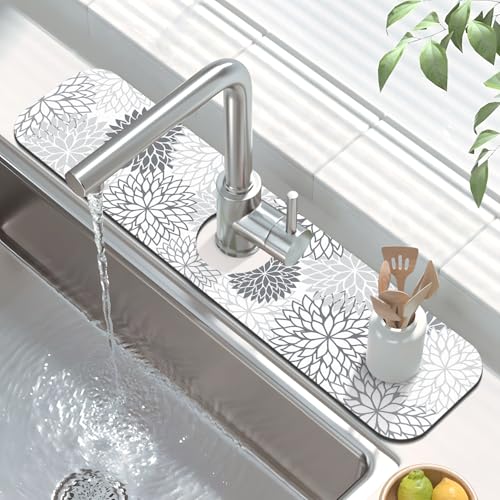 Findosom 2PCS 12" x 20" Dish Drying Mat & 24" x 5.5" Sink Splash Guard, Super Absorbent & Cuttable Dish Mat Drying Kitchen Mat with Gray Floral, Hide Stain Drying Mat for Kitchen Counter - color: Gray, size: 12" X 20" + 24" X 5.5"