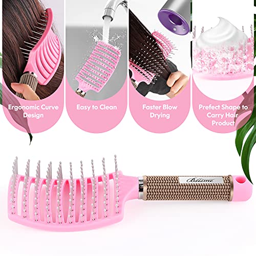 Bsisme Hair Brush, Curved Vented Brush for Faster Blow Drying, Professional Styling Hair Brushes for Women and Men, Paddle Detangling Brush for Wet Dry Curly Thick Straight Hair, Pink | Professional Styling Hair Brushes for Women, Men & Kids, Paddle Detan