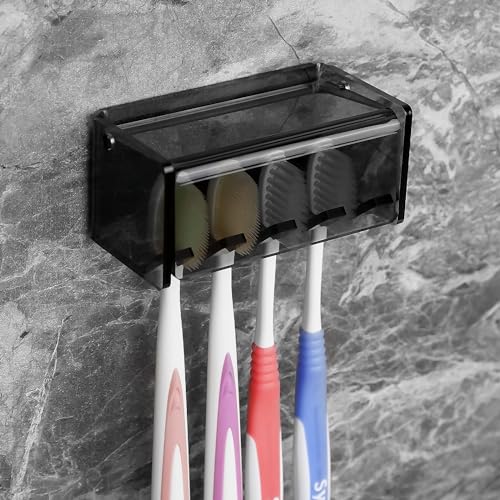 Toothbrush Holder Wall Mounted with Cover for Bathroom, 4 Slots Toothbrush Storage Organizer for Shower, Self Adhesive Toothbrush Hanger Rack for Dorm, Cabinet (Gray Clear) - color: 4slots Gray Clear 1pack