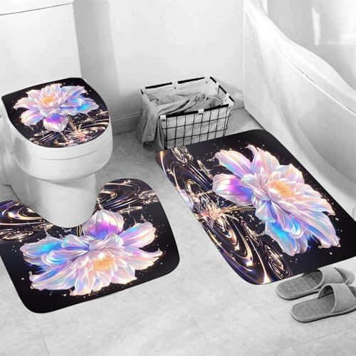 4 Piece Lotus Shower Curtain Set with Rugs, Luxury Iridescent Effect Flower & Crystal Water Ripple Bathroom Decor, Waterproof Fabric Curtain, Non-Slip Bath Mat & Toilet Lid Cover - color: Pink Purple