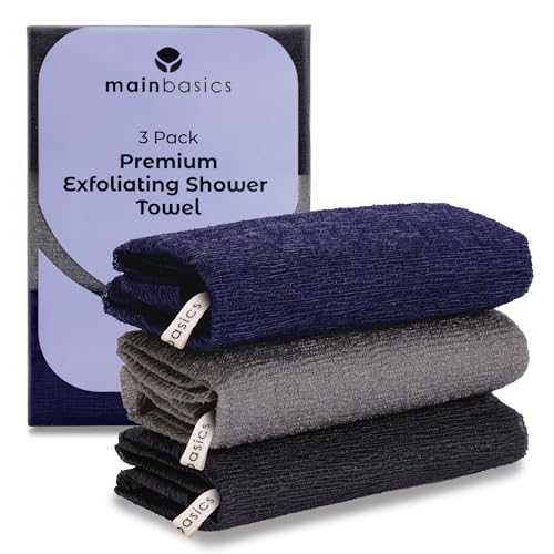 MainBasics Japanese Deep Exfoliating Shower Towel, 3 Pack, Black Ice | Japanese Nylon, Body Washcloth, Textured for Effective Exfoliation, Quick-Dry, Durable, Helps Reveal Smoother Skin - color: Black Ice