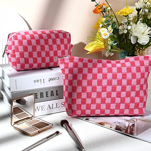 SOIDRAM 2 Pieces Makeup Bag Large Checkered Cosmetic Bag Capacity Canvas Mix Travel Toiletry Bag Organizer Cute Makeup Brushes Aesthetic Accessories Storage Bag for Women, Checkered Mix Rose Red - color: Rose red