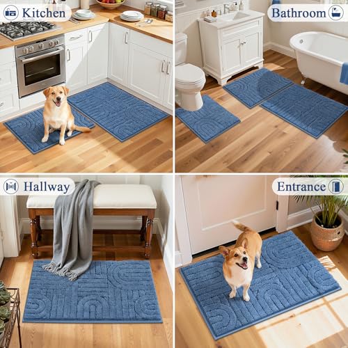 Vaukki Bathroom Rugs Sets 3 Piece, Blue Washable Non Slip Soft Bath Mats for Shower and Tub, Plush Absorbent Microfiber Toilet Rug U Shaped, 32x20+26x18+24x20 Inch - color: Blue, size: 18''x26''+20''x32''+20''x24''