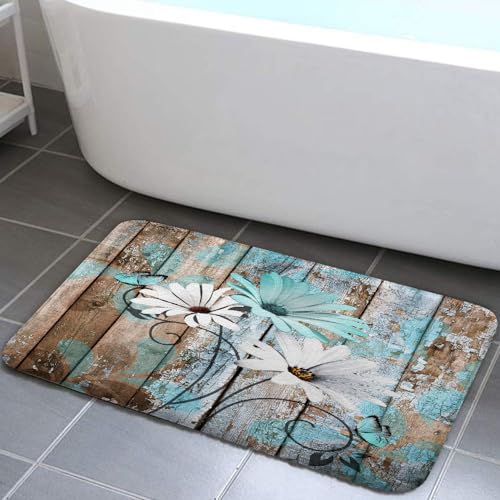Farmhouse Floral Flower Bath Mat, Teal Daisy Rustic Wooden Plank Country Barn Wood Turquoise Blue Non-Slip Flannel Soft Doormat Floor Entryways Outdoor Indoor Front Door Mat, 16X24 - color: Teal-01, size: 1'4" x 2' (Rectangular)