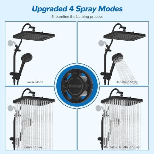 Hibbent cUPC Certified 13'' Shower Head Combo, High Pressure 5 Spray Rainfall Showerhead, 10 Spray Mode Handheld, All Metal Easy Reach 4-way Diverter Arm with Pause Mode, 71'' Hose and Holder, Black - color: Black, style: Square 13"