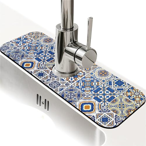 Kitchen Sink Splash Guard，Traditional Moroccan tiles Faucet Mat Sink Gadgets-Super Absorbent Fast Drying Mat Drip Catcher for Kitchen, Bathroom,Sink Mat, Dish Drying Mat, Bathroom(15" X 5.5" ) - color: Traditional Moroccan tiles