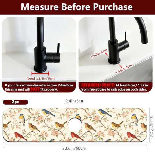 2 Pcs Kitchen Sink Splash Guard Faucet Mat Vintage Watercolor Bird Pattern Faucet Mat for Sinks Flower Absorbing Drying Mats for Kitchen Bathroom - color: Watercolor Bird
