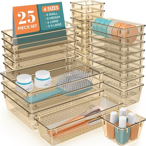 StorMiracle 25 PCS Drawer Organizer Set, 5 Varied Size Bathroom and kitchen Drawer cabinet organizer Trays, Clear Storage Bins for Makeup, Jewelry, Utensils and Gadgets, Champagne - color: Champagne, size: 25 PCS