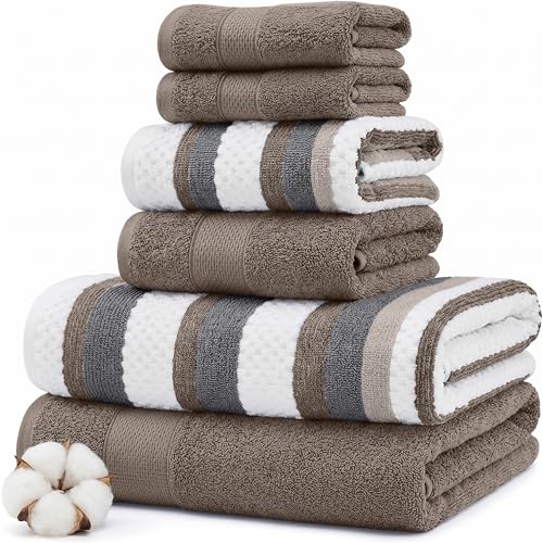 Modern Threads Pax 6-Piece Reversible Yarn Dyed Jacquard Towel Set - Bath Towels, Hand Towels, & Washcloths - Super Absorbent & Quick Dry - 100% Combed Cotton, Khaki - color: Brown, style: Wide Stripe