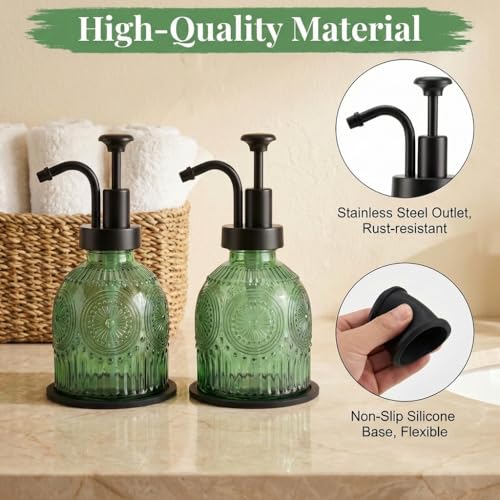 Vintage Glass Soap Dispenser 2 Pack for Bathroom Kitchen, with Black Pump and Non-Slip Mat, Refillable for Hand Soap, Dish Soap, Lotion, Shower Gel, Modern Farmhouse Decor (8 oz, Green) - color: Green