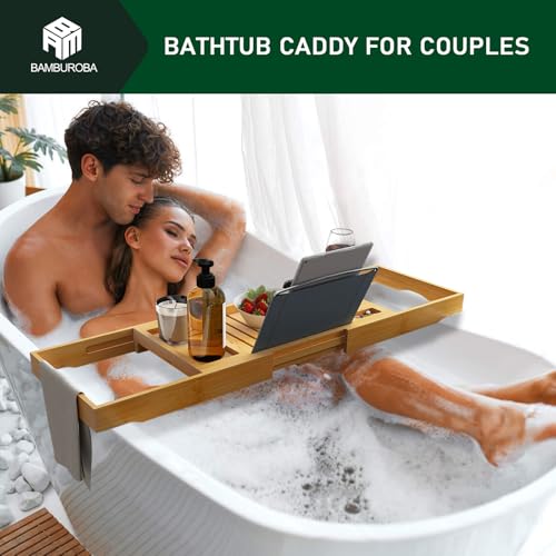 Foldable Bamboo Bathtub Caddy Tray Expandable for Luxury Bath, Bath Accessories & Table with Wine Glass Holder, Book Stand Bathroom Organizer with Extending Sides for Men/Women - color: Natural Bamboo