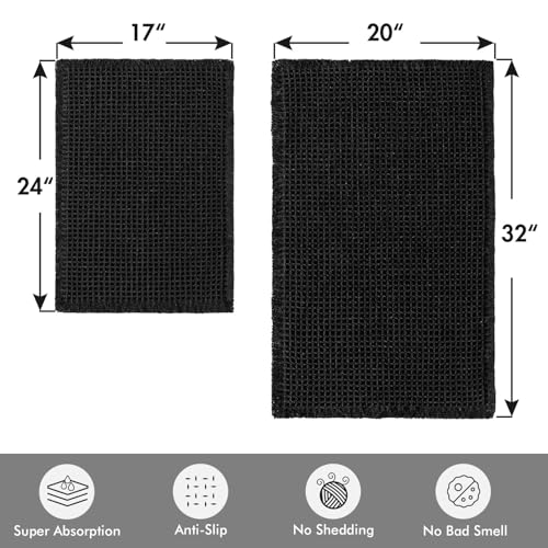 MIULEE Set of 2 Waffle Bathroom Rugs, Boho Bath Rugs Non Slip Washable, Super Absorbent Bath Mats, Ultra Soft Rubber Backed Shower Mats for Bathroom Floor, Tub and Shower, Black, 17"x24"+20"x32" - color: Black, size: 17''x24'' + 20''x32''