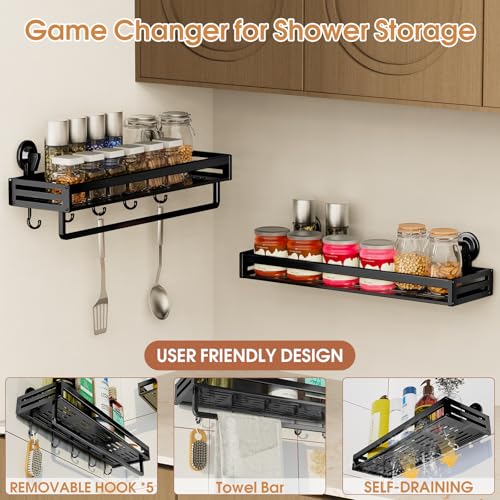 Suction Cup Shower Caddy, 15.7 inch Extended Version, 5 Hooks & Towel Rrack, No Drilling Required, Rust-resistant Bathroom Shower Organizer,with 2 Extra Suction Cups for Replacement Use(2Pack-Black) - size: 15.7 inches(2-Pack Black )