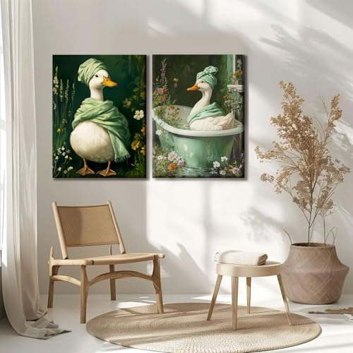 2 Pcs Dark Green Duck Canvas Wall Art Botanical Moody Wildflowers Posters Print Spa Duck in Bathtub Pictures Artwork Vintage Floral Wall Paintings for Bathroom Toilet Restroom Decor 16x24 Inch - color: Bathroom Duck, size: 24"L x 16"W