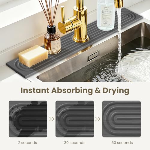 Diatomite Faucet Mat for Kitchen Sink, Quick-Dry Stone-Like Sink Mat, Flat Lay Absorbent Countertop Drying Mat for Faucet Area, Hard Diatomite Mat, Gray, 23.6 x 4 in - color: Gray