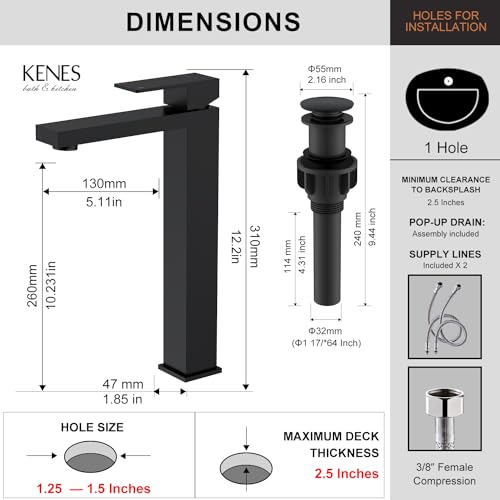 KENES Matte Black Bathroom Faucet Single Handle Tall Vessel Sink Faucet Vanity Bathroom Faucet Basin Mixer Tap with Water Supply Hose and Pop Up Sink Drain, LJ-9031A-2 - color: Matte Black, size: Tall