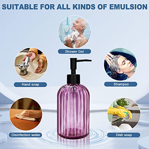 Pack of 2 Glass Soap Dispenser with Black Pump, 400 ml Refillable Pump Dispenser for Kitchen, Bathroom, Laundry Room, Liquid Glass Bottle for Washing Up Liquid, Shampoo, Conditioner (Purple) - color: Purple