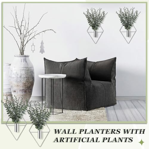 Jexine 4 Pcs Hanging Planters with Artificial Eucalyptus Metal Hanging Vase Indoor Plants Holder Modern Geometric Boho Bathroom Wall Decor for Living Room Home Office (Eucalyptus,Silver) - color: Silver, size: Eucalyptus