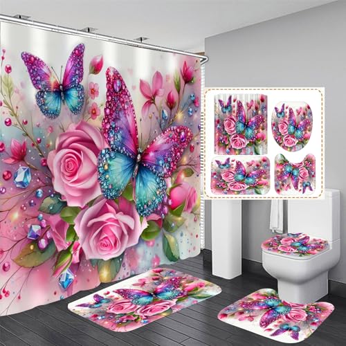 DDQQ 4Pcs Pink Glitter Floral Shower Curtain Set Rose Bathroom Sets Butterfly Diamond Shower Curtain with 12 Hooks Bathroom Decor with Rugs Bath Accessories with Mats Toilet Lid Cover - color: Red