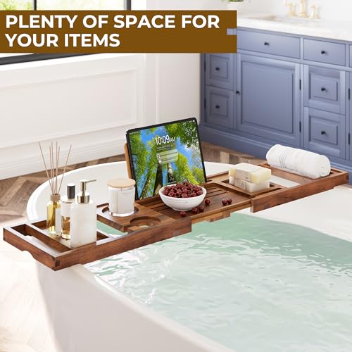 Venusmiles Teak Bathtub Tray Caddy, Foldable Bath Tray with Expandable Handles, Wine Glass and Phone Holders, Book Stand, for Home Spa Relaxation, Luxury Bathroom Accessories - Light Walnut Color - color: Light Walnut