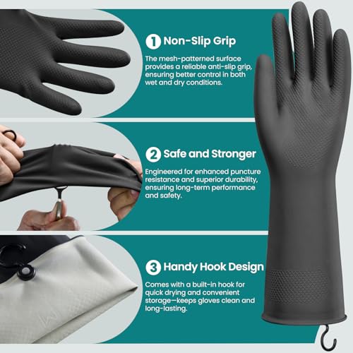 4 Pairs Rubber Dishwashing Gloves with Hanging Hooks - Reusable Cleaning Gloves for Kitchen & Household, Non-Slip, Durable and Flexible (Small, 4 Colors: Black, Pink, Blue, Purple) - size: Small