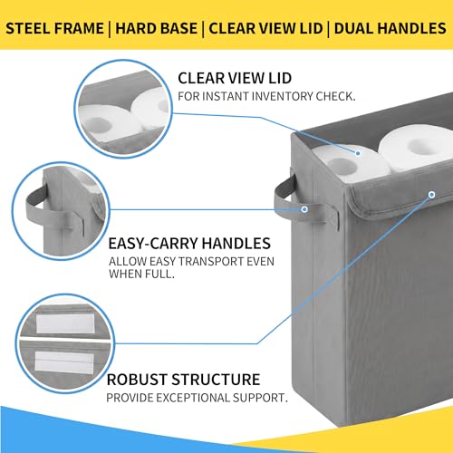 Cupic Cupid Toilet Paper Storage Baskets, Bathroom Toilet Paper Storage with Lid, Holds 12 Regular or 9 Mega Rolls, Slim Toilet Tissue Holder Basket with Clear PVC Lid and Handles, Grey - color: Grey