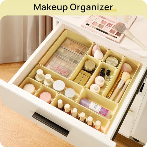 Vtopmart 25 PCS Plastic Drawer Organizers Set, 4-Size Versatile Bathroom and Vanity Drawer Organizer Trays, Storage Bins for Makeup, Bedroom, Kitchen Gadgets Utensils and Office - color: Beige