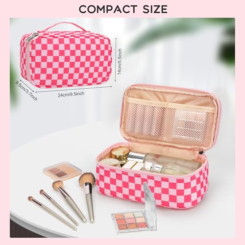 Relavel Makeup Bag, Cute Travel Cosmetic Bag, Small Pink Make Up Bags, Portable Toiletry Storage for Women Girl, Waterproof Makeup Organizer for Gym, Camping, Trip, Daily Use - Rose Red - color: 01A-Hot Pink CheckBoard, size: MEDIUM