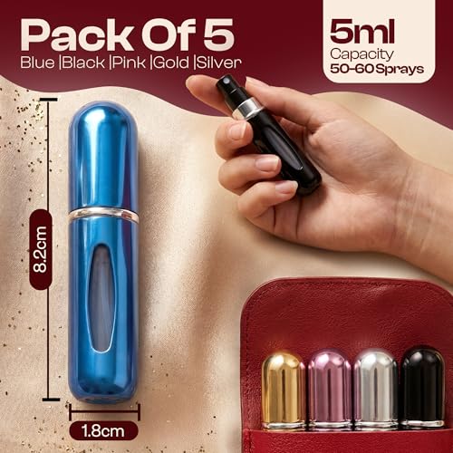 5ml Travel Perfume Bottle Refillable Atomizer Sprayer for Perfume,Leakproof Perfume Atomizer Travel, Portable Refillable Perfume Bottles, (Blue, Black, Pink, Gold, Silver + Leather Pouch) - color: Blue, Black, Pink, Gold, Silver + Leather Pouch