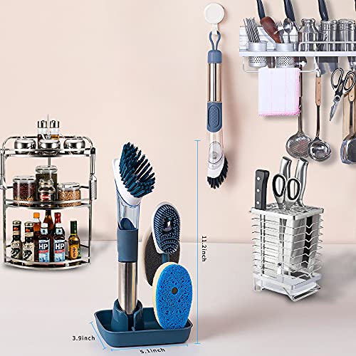 Dish Cleaning Brush, Soap Dispensing Dish Brush Set with 4 Replacement Heads and Storage Holder, Kitchen Scrub Brush for Dish Pot Pan Sink Cleaning (Blue) - color: Blue