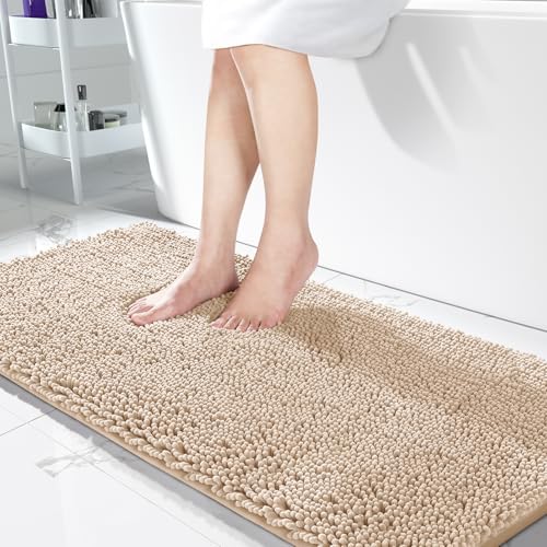 Yimobra Long Bathroom Rugs 44"x24", Extra Soft Non Slip Bath Mat for Tub, Super Absorbent Quick Dry Shaggy Rug Floor Carpet, Machine Washable,Beige - color: Beige, size: 44" X 24"